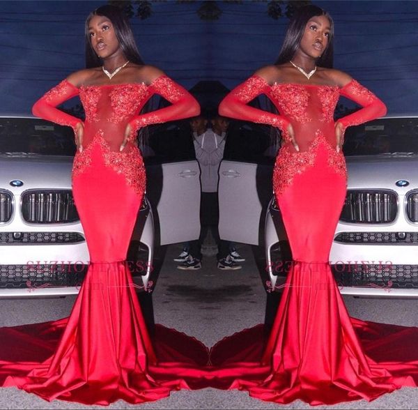 

red lace mermaid african prom party dresses off shoulder long sleeves evening dresses women plus size gowns, Black