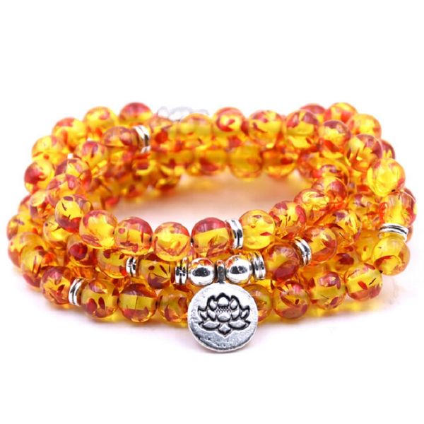 

fine summer women jewelry 8mm optimized flower amber 108 mala beads bracelet or necklace lotus pendant for buddhist prayer yoga, Black