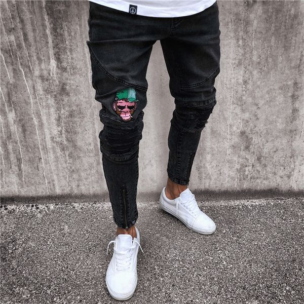 

2018 new fashion men jeans slim biker zipper denim jeans skinny frayed casual pants distressed rip trousers male drop shipping, Blue