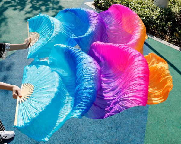 

hits 2018 high selling women quality silk belly dance fan dance 100% real silk veils rainbow colorful veil one-pair (2pcs, Black;red