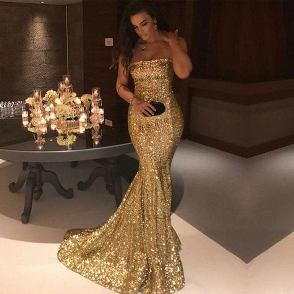 Brilhante Bling Bling Lantejoulas Vestidos de Baile de Ouro Sem Alças Sereia Plus Size Longo Partido À Noite Vestidos de Trem Da Varredura Barato de Alta Qualidade