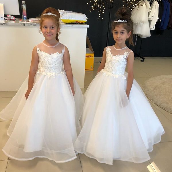 Ucuz Dantel Boncuklu Balo Elbise Çiçek Kız Elbiseleri Düğünler İçin Aplike Küçük Kızlar Pageant Elbise Organza Sefer Boyun İlk Cemaat Elbisesi 415