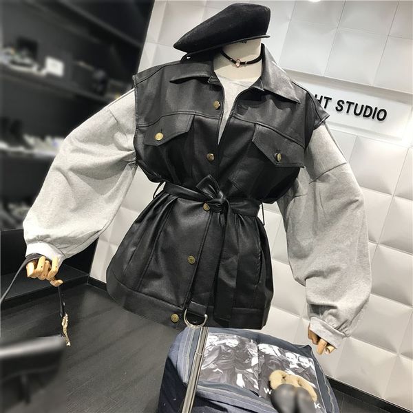 

autumn winter women biker motos jacket button pu leather coat sleeveless basic black vest jacket waistcoat, Black;white
