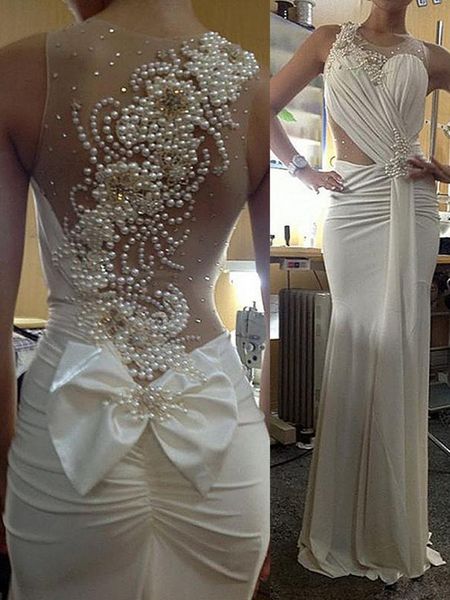 

fashion sheer neck beaded pearls back sheath wedding dresses 2019 sleeveless princess bridal gowns vestido de noiva wedding gowns, White
