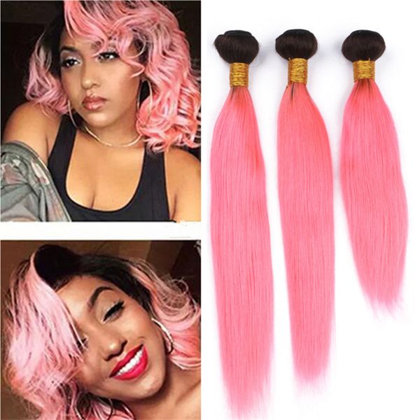 Dark Roots Pink Ombre Braziilan Hair 3 Bundles Silky Straight 2