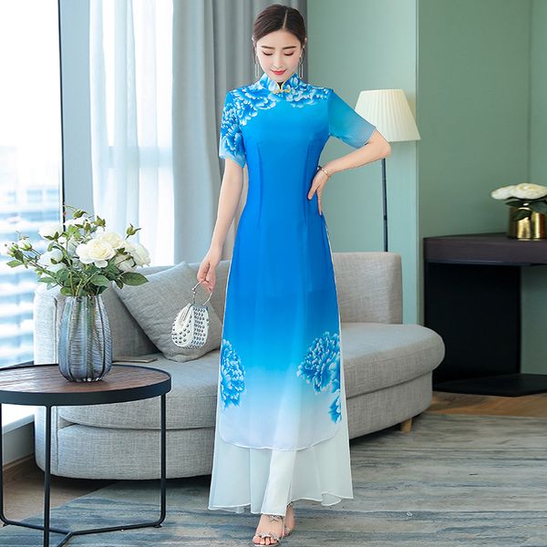 

2018 summer vietnamese aodai vietnam cheongsam folk style more feminine dress for women traditional clothing floral ao dai, Red