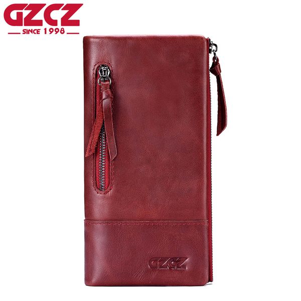 

gzcz натуральная кожа кошелек женский портмоне женщины кошельки двойной молнии зажим для денег сцепления длинные walet женщины portomonee, Red;black