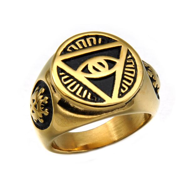 

Панк готический золотой цвет Титана нержавеющей стали байкер Иллюминаты пирамида глаз символ кольца для мужчин ювелирные изделия