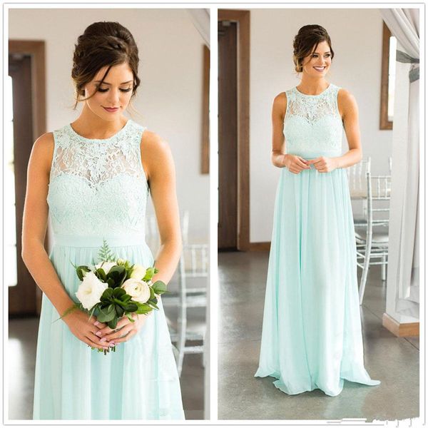 

2018 mint green chiffon crew neck long bridesmaid dresses sleeveless lace floor length formal evening wedding guest party prom dresses, White;pink