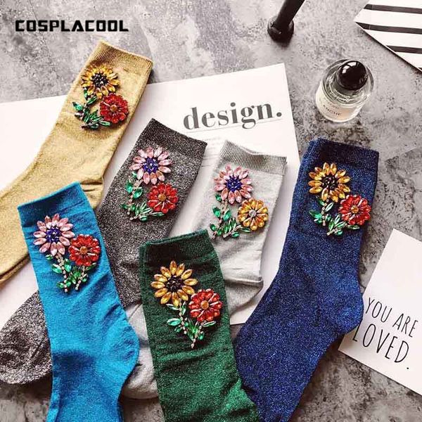 

cosplacool]new arrived colorful sunflower gem silver sequins meias handmade heap heap calcetines harajuku funny socks women, Black;white