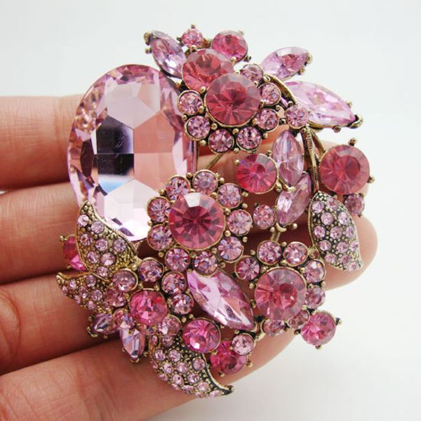 

new fashion pretty pink flower leaf pendant brooch pin rhinestone crystal, Gray