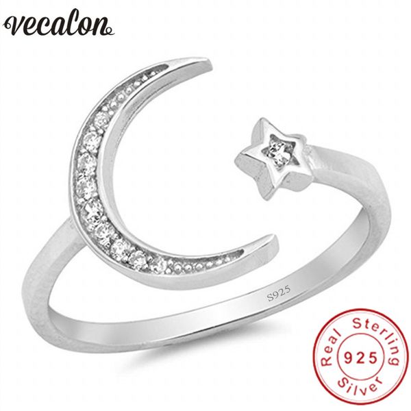 Vecalon Star Moon Forma 100% Soild 925 Sterling Silver Ring 5A Zircão CZ Noivado Casamento Banda Anéis para Mulheres Homens Jóias
