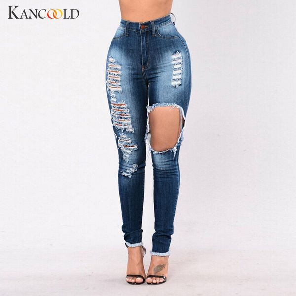 

kancoold jeans fashion women denim hole female jeans high waist stretch slim pencil pants woman 2018oct24, Blue