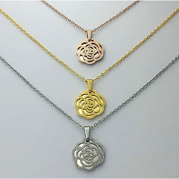 

whole saleclassic hollow frosted camellia flowers necklaces & pendants, gold color stainless steel women jewelry gros collier femme 2017, Golden;silver