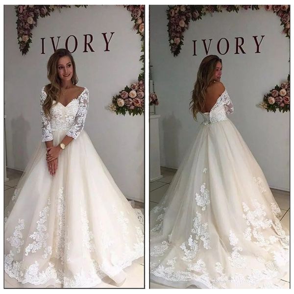 

sweetheart lace long sleeves wedding dresses 2018 a-line off the shoulder v neck a line with appliques bridal gowns vestido de mariee, White