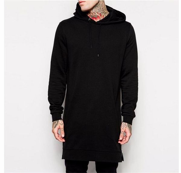 

new arrival fashion men's long black hoodies sweatshirts feece with side zip longline hip hop streetwear shirt