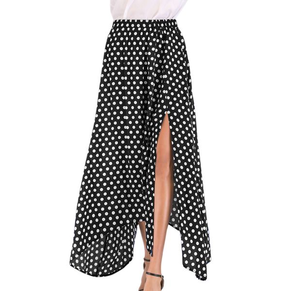 

vintage women polka dot maxi skirt side slit asymmetric hem ladies summer retro long skirt high waist faldas mujer moda blue new, Black