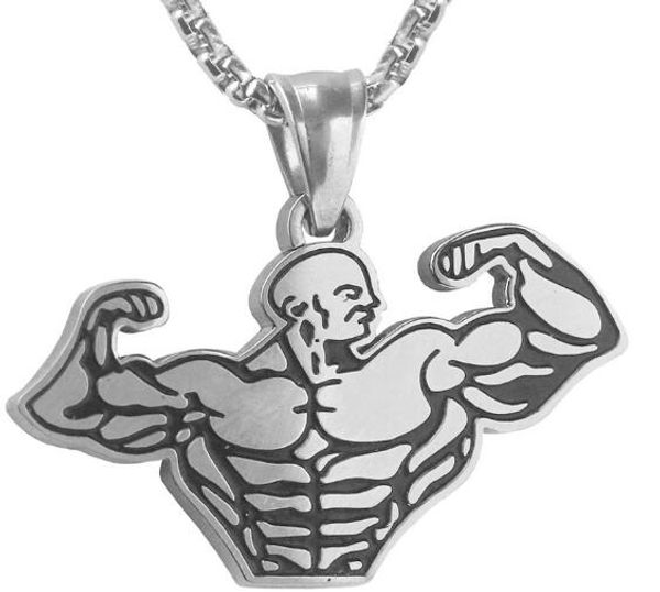 

6pcs/lot muscle man pendant long chain necklaces stainless steel men sport fitness hip hop gym homme jewelry for male drop shipping 2018, Silver