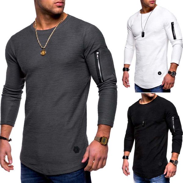 

Men T-shirt With Zipper Long Sleeve Muscle Slim Casual O Neck Tops Summer Fall Sport Gym Shirt Blouse