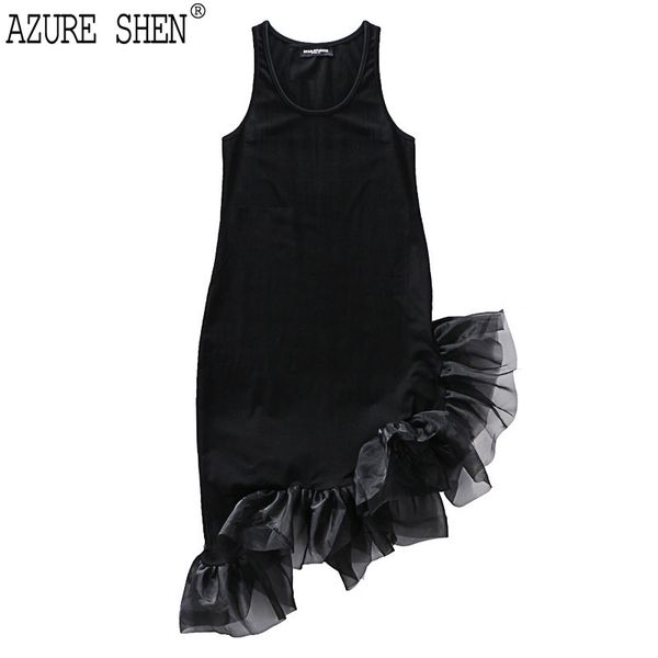 

ewq] 2018 new summer fashion asymmetry sleeveless cotton stitching gauze hemline o-neck dress fashion woman yc31301, White;black