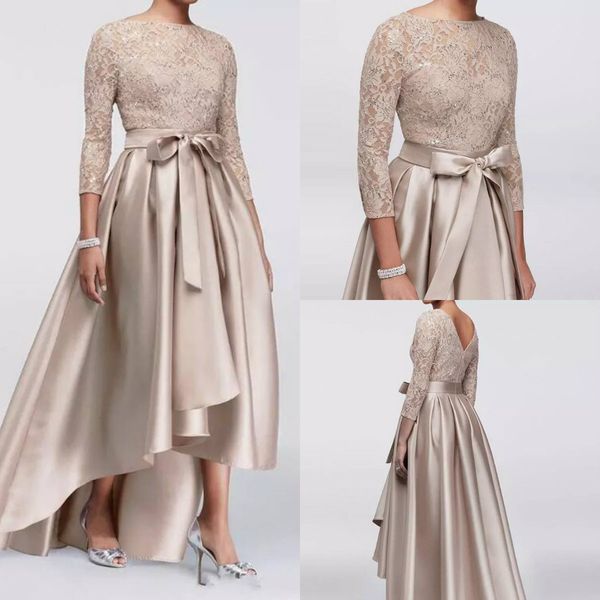 

chic high low mother of the bride dresses lace sequined long sleeves a line satin plus size mother's dress evening wear for weddings, Black;red