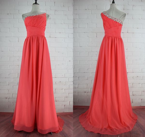 

beaded one shoulder long chiffon evening dresses pleated fashion party dresses floor length prom gowns fast shipping, Black;red