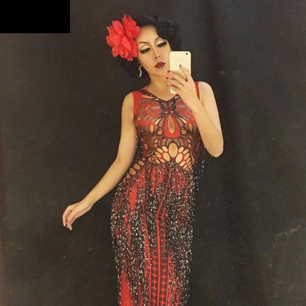 

bar dj ds costumes red butterfly black tassels long dress host singer stage performance one piece dress party show dresses, Black;white