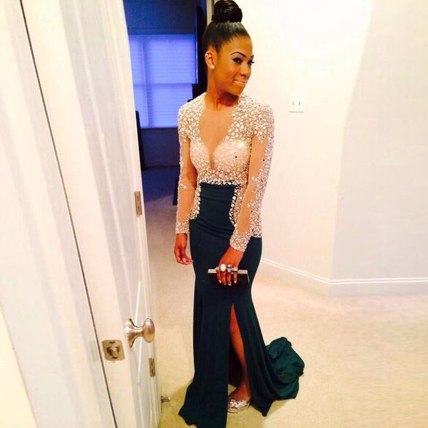 

luxury crystals beaded mermaid evening dresses see through jewel neckline slit prom dress long sleeves long formal evening gowns, Black;red