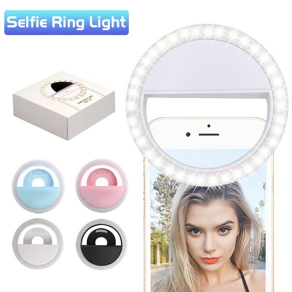 Şarj Edilebilir LED Selfie Telefon Yüzüğü Işık Taşınabilir Ayarlanabilir Parlaklık, Pil Geliştirme Fotoğrafçılığı Perakende Kutusu ile Kamera İçin Verimli