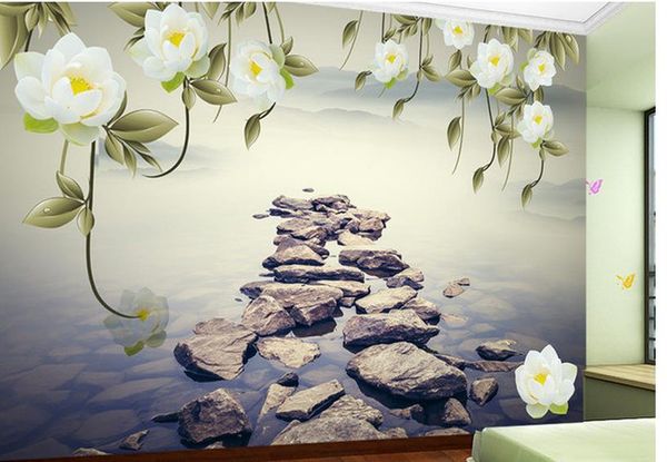 Benutzerdefinierte Fototapete 3D Stereo Original Frühling Lotus Steinbrücke Wohnzimmer TV Hintergrundwand TV Hintergrund Wandgemälde Wandpapier