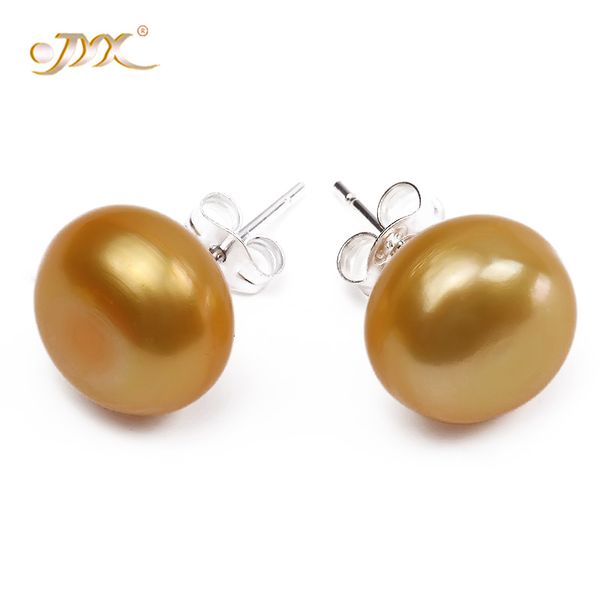 

jyx natural pearl earings women jewelry geniune yellow round real freshwater pearl earrings 2018 new for wedding(8.0-9.0mm, Golden;silver