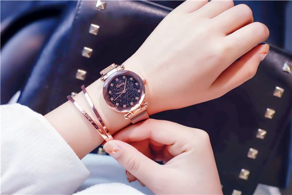 

fashion rhinestone women watches rose gold lady wristwatch starry sky mysterious casual female clock gift unique magent buckle, Slivery;brown