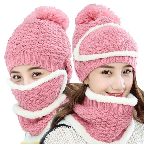 

sumeike cycling cap female winter thick warm knit hat mask collar three-piece winter earmuffs wool hat, Blue;gray