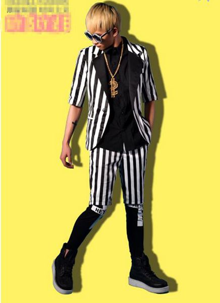 

man han edition of the new boutique personality anchor bar singer stage costumes dance dress in black and white stripe sleeve blazer m- 2xl, Black;red