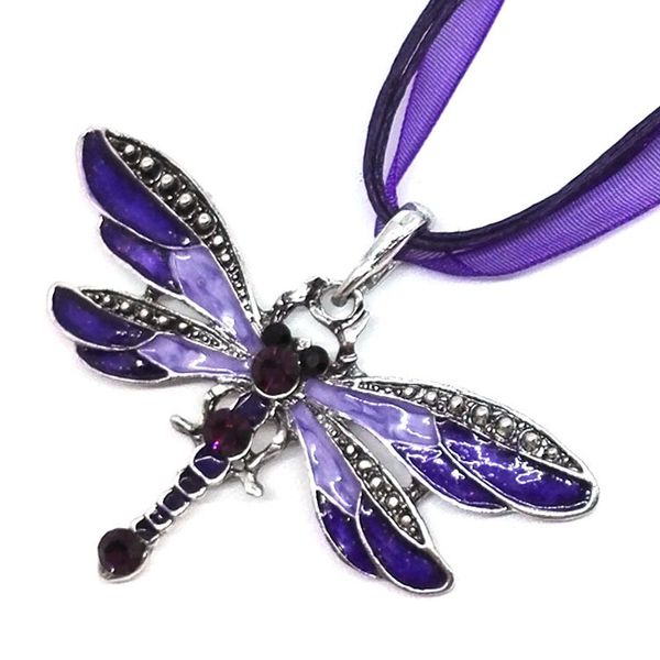 

2018 korean design pendant necklace collar for women enamel dragonfly insect charm lace long rope necklace girl jewelry collier, Silver