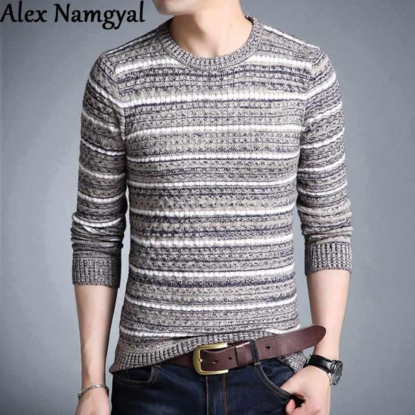 

alexnamgyal new men's sweater autumn winter men's colored wool striped thick sweater mens slim fit brand knitted pullovers hjk46, White;black