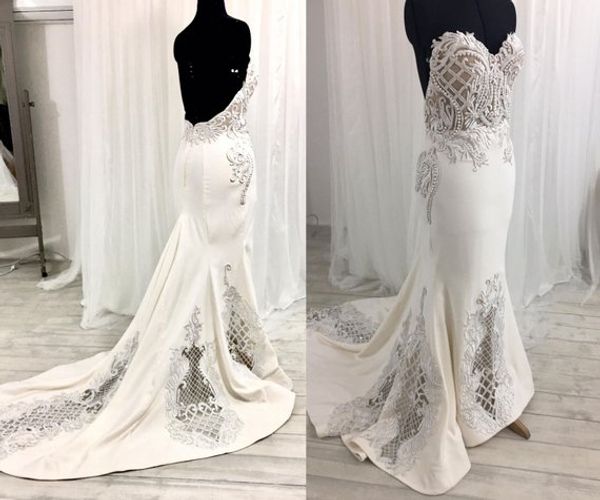 

2019 satin mermaid wedding dresses sweetheart lace appliqued pearls bead backless wedding dress sweep train country bridal gowns garden, White