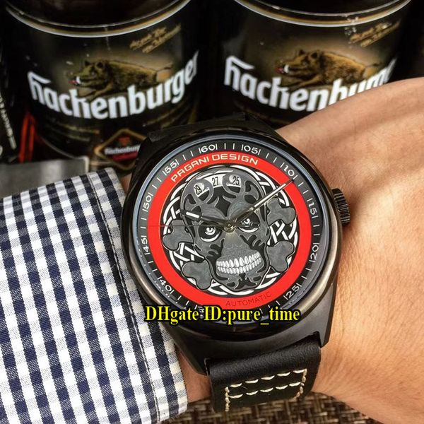 Новый 42 мм Дата Pagani Automobili PVD черный стальной скелет череп циферблат автоматические мужские часы Кожаный ремешок высокое качество дешевые мужские часы