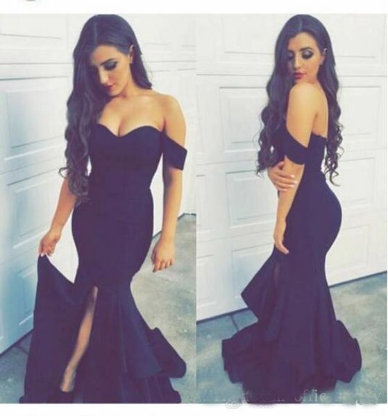 

Mermaid Off The Shoulder Prom Dresses Long Backless Side Slit Arabic Dresses Navy Blue Saudi Arabia Dubai Formal Evening Dress