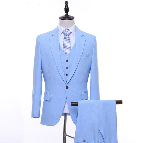 

sky blue evening party men suits 2018 three piece jacket pant vest notched lapel one button trim fit wedding groom tuxedos, Black;gray