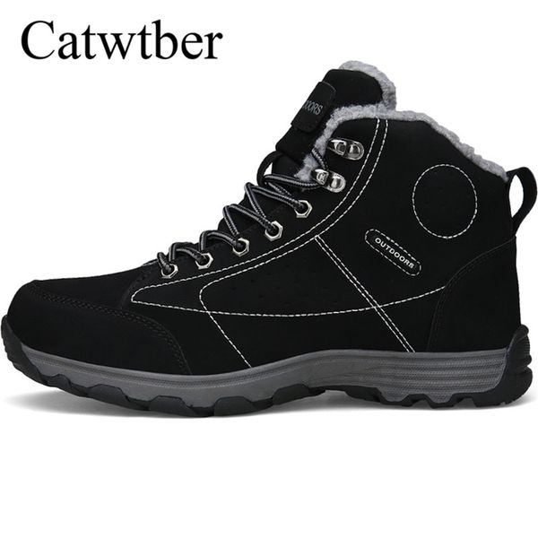 

catwtber 2018 leather winter men boots fashion lace up warm fur plush snow boots men outdoor casual sneakers winter shoes, Black