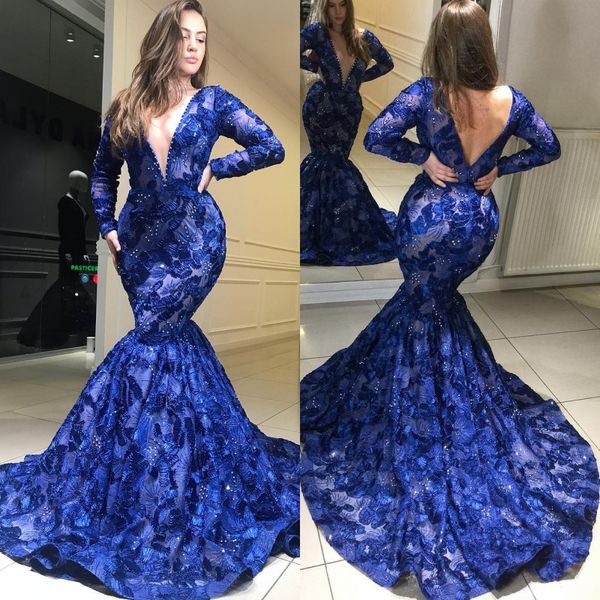 Kraliyet Mavi Dantel Gelinlik Modelleri Seksi Dubai Derin V Yaka Uzun kollu Boncuk Mermaid Sweep Tren Abiye Ucuz Artı Boyutu Ünlü Parti Elbisesi