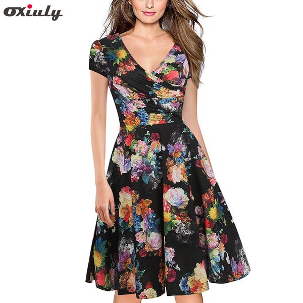 

oxiuly women bamboo leaf floral print ruffle v neck dress short sleeve knee length dresses ladies casual a-line dress vestidos, White;black