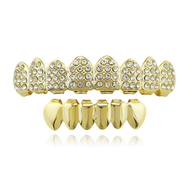 

hip hop grillz real gold plated dental grills rapper body jewelry halloween accessories party toy diamonds upper teeth smooth lower teeth, Black