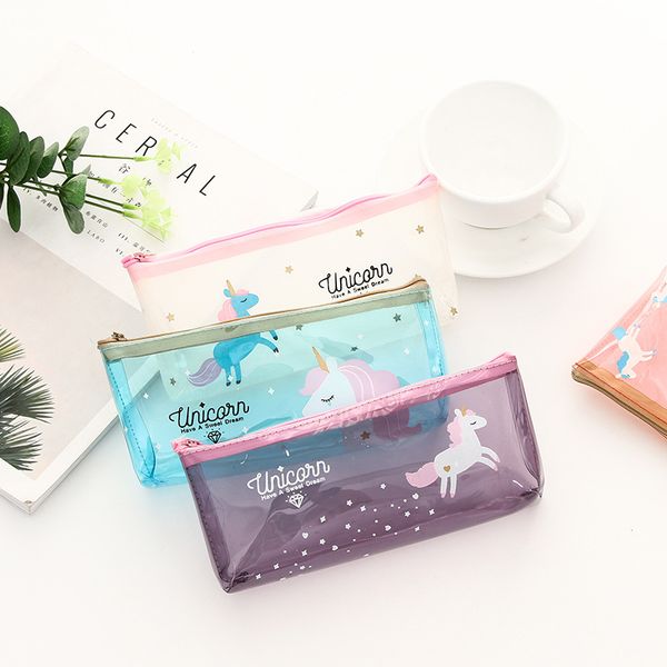 

kawaii unicorn pencil bag pu transperant pencil case stationery storage organizer bag school office supply escolar papelaria