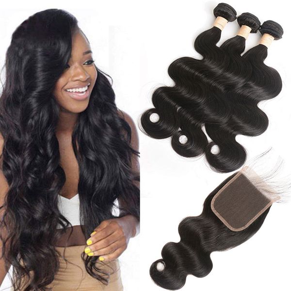 

malaysian human hair 5x5 lace closure with baby hair 3 bundles closures natural color body wave middle three part, Black;brown
