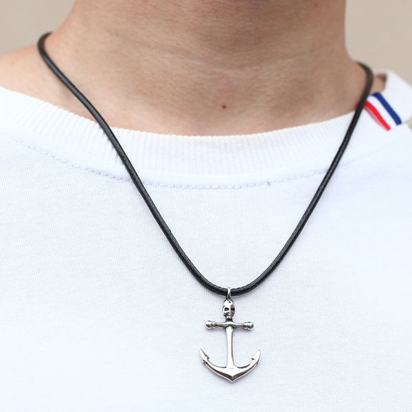 

mcllroy stainless steel anchor & skull necklaces pendants men male 55cm black nylon rope necklace for friend gift jewelry, Silver