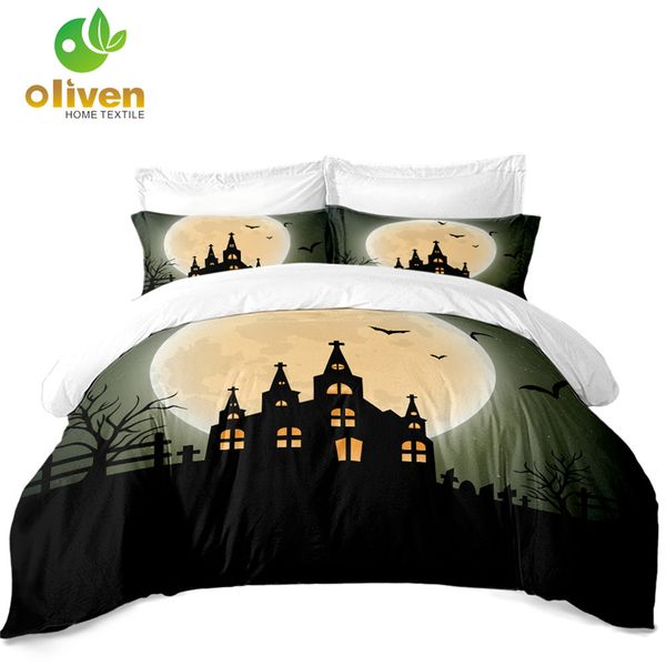 

night church halloween bedding set big moon bat print duvet cover set pillowcase king  bedding cover luxury bedclothes d49
