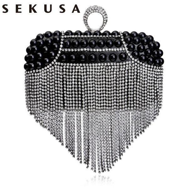 

sekusa diamonds finger ring metal women day clutches beading tassel fashion wedding party handbags chain shoulder purse