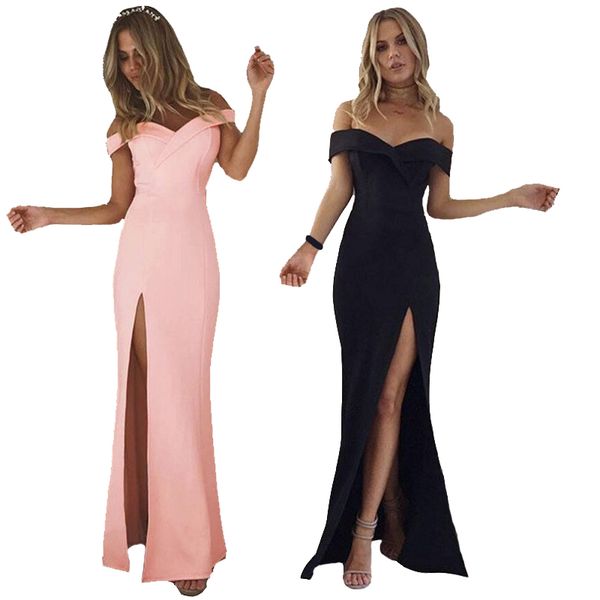 

2018 summer fashion women robe cute off shoulder sleeveless sloid color long party dresses split boho maxi dress vestidos, White;black